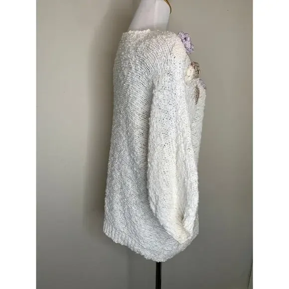 Vintage Cream  3D Floral Knit Pastels 90s Sz Medium - Picture 4 of 9